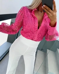 2024 Spring New Women's Embroidered Elegant Shirt with Casual Pearl Decorative Buckle Half Sheer Lace Top Temperament