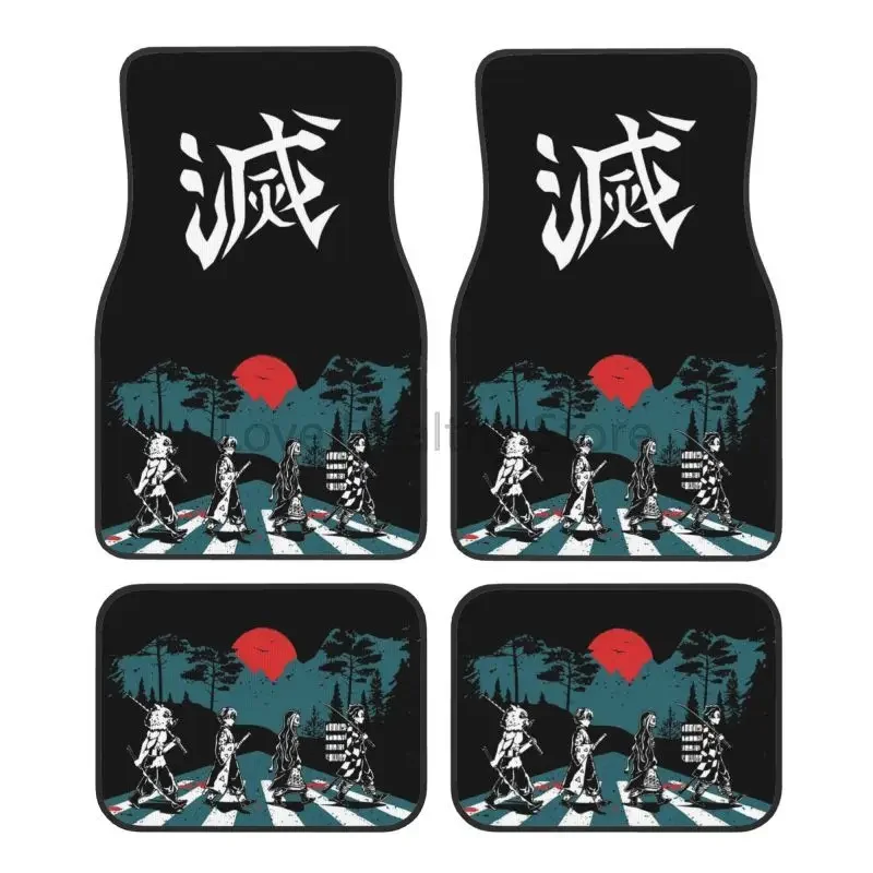 Anime Demon Slayer Print Car Floor Mats of 4 Pcs Front and Rear Auto Foot Mats with Rubber Backing Non Slip Carpets Universal