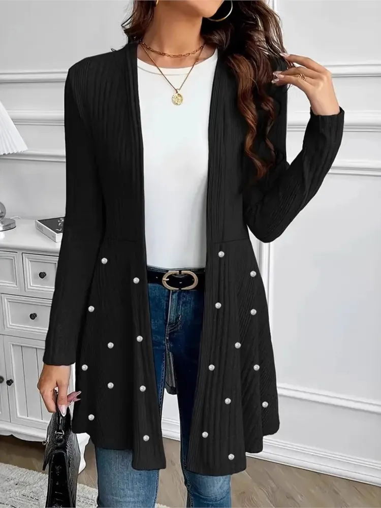 

Knitted Cardigan All-match Loose Simple Style Sweater Nail Bead Solid Color Outerwears Coat Elegant Temperament Casual Commuting
