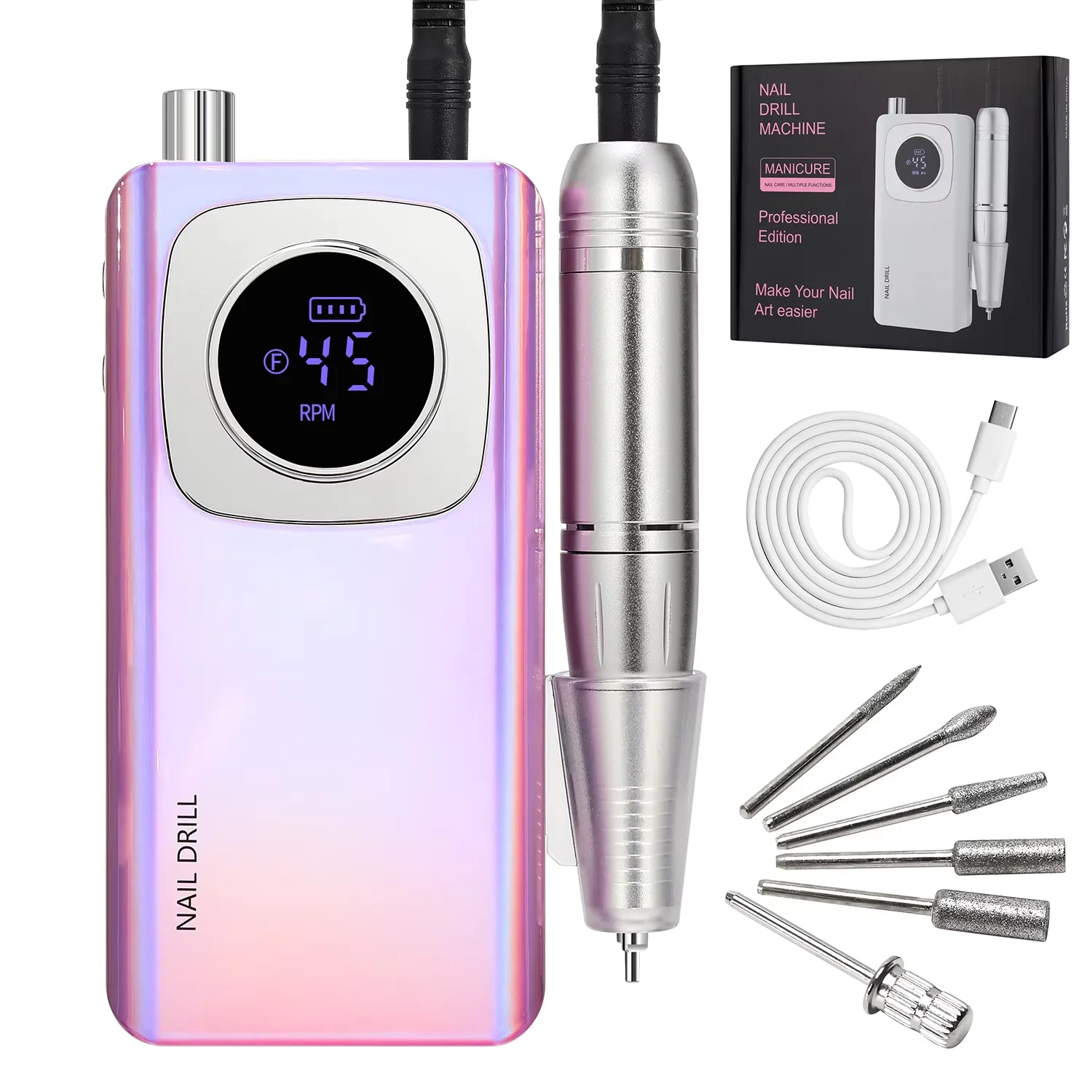 

45000RPM Electric Portable Nail Drill Machine Rechargeable for Gel Nails Polish Portable Nail File Manicure Tools