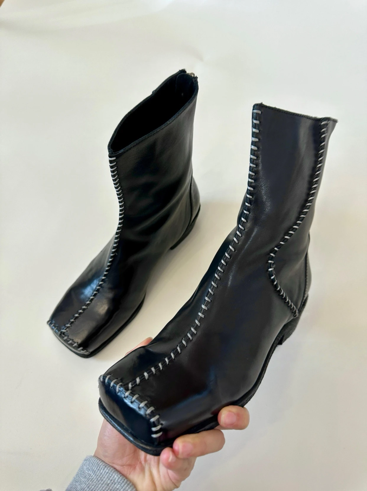 Women's Black Leather Ankle Boots Contrast Stitching Square Toe Sleek Avant-Garde Design for Street Autumn/winter Fashion Looks