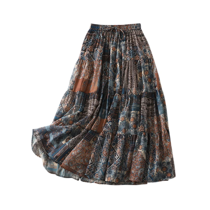 F-Rock aus Seide mit abstraktem Druck und elastischer Taille, lockere Passform, Midirock für Damen, Sommersaison, normal, dünn