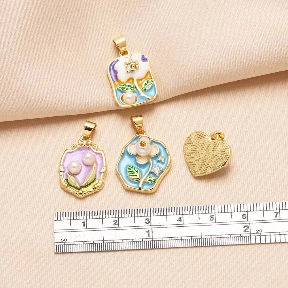 OCESRIO Graffiti Enamel Bead Flower Pendant for Necklace Copper Gold Plated Heart Medal Handmade Jewelry Making Supplies pdta337
