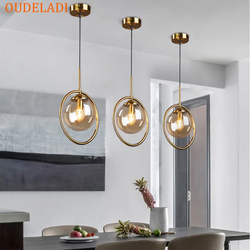 estilo nordico lampada pendurada com anel de metal luz decoracao cozinha mesa de jantar quarto cabeceira bola de vidro 01