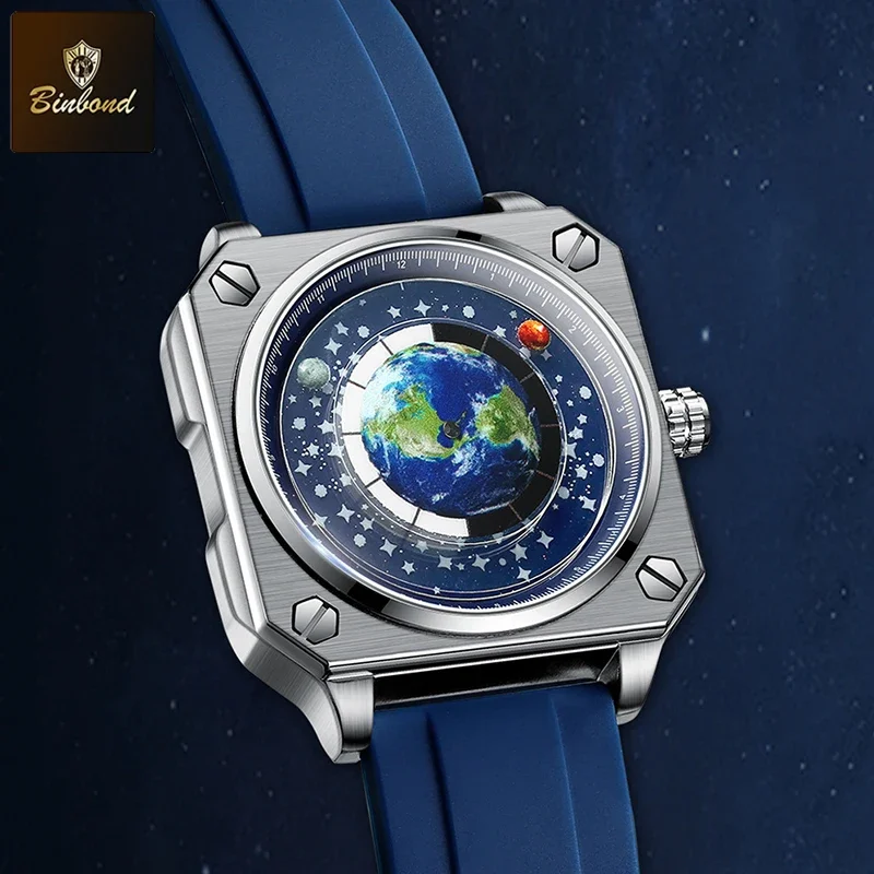 BINBOND Earth Watch For Men Rotating Earth Dial New Concept Creative Blue Planet Non Mechanical Pointer Silicone Tape Men Watch