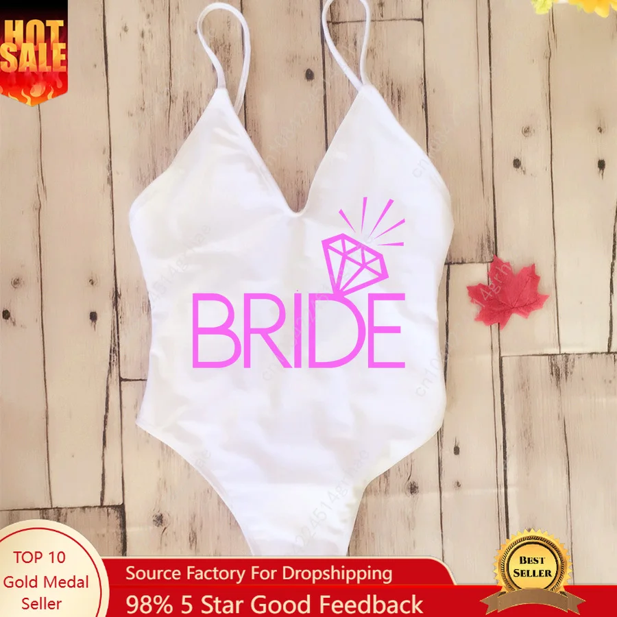 

Padded Swimsuits Bachelorette Party Swimwear Diamond One-Piece Team Bride Swimsuit Woman Bathing Suits Pink White Bridal Bikini