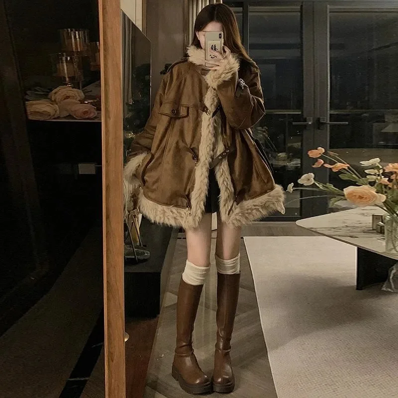 2023 Winter Clothes Medium To Long Imitation lambswool Coat Women Add Velvet Padded Slim Coat Female With Big Fur Collar Jacket