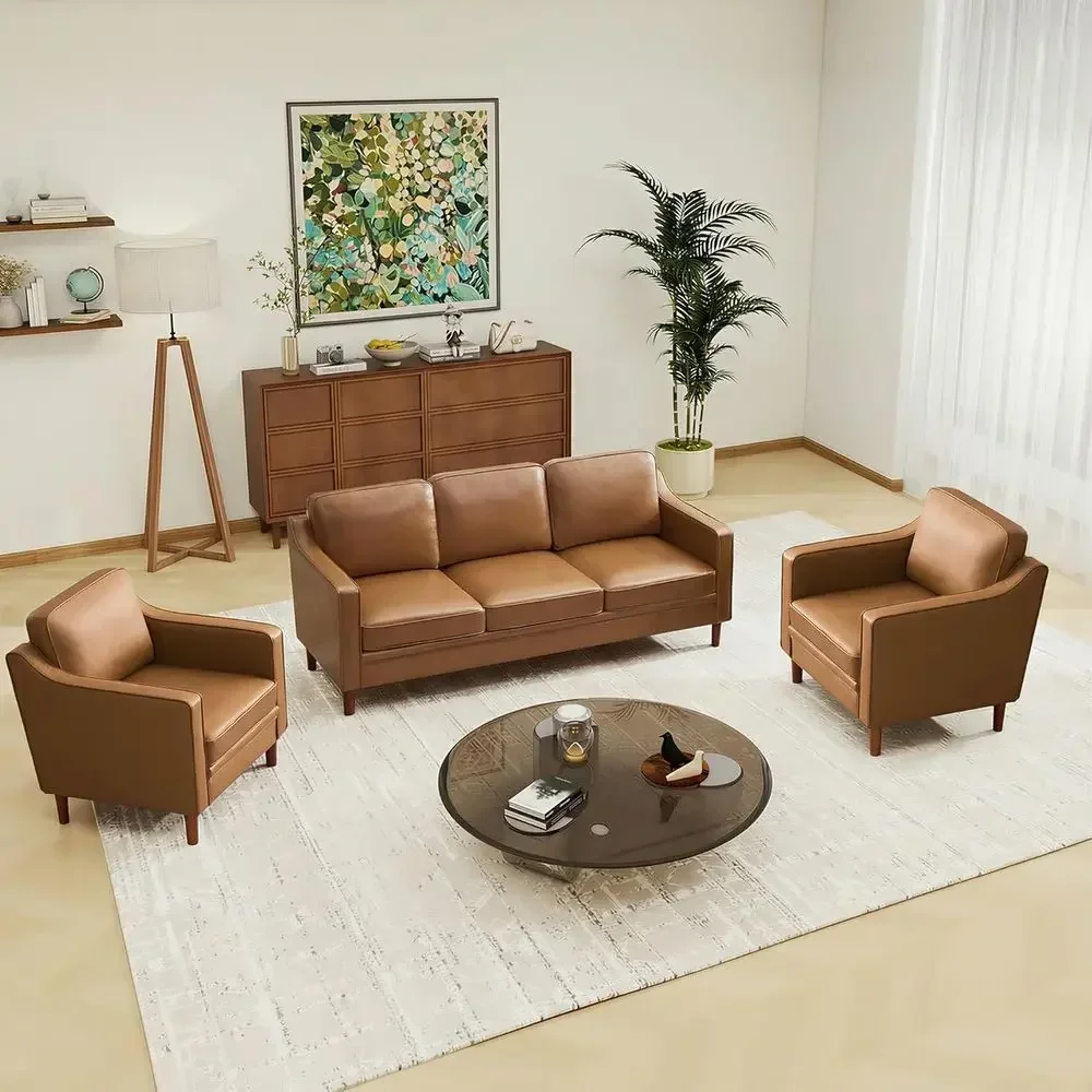 Modern Century Style Leather Sofa Set with 3-Seater Couch and 2 Armchairs, Suitable for Living Room and Bedroom, Brown