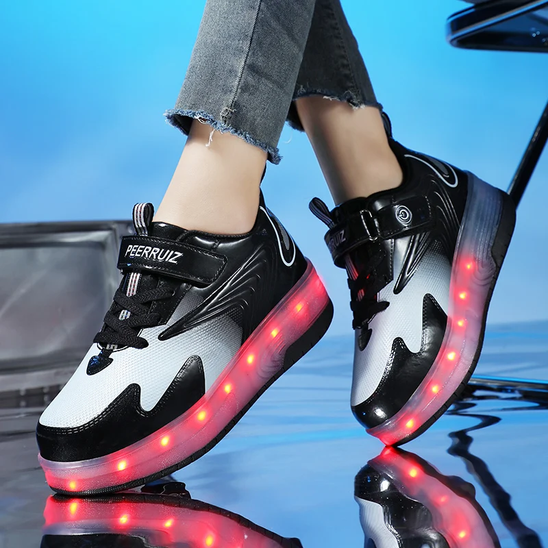 Boys Girls Roller Shoes LED Light Up USB Charging Children Roller Skate Casual Skateboarding Shoes Sports Shoes Kids Sneakers