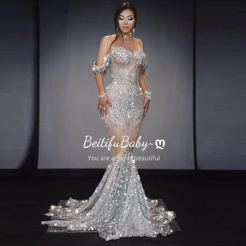 BeitifuBaby Evening Dress for Women Vestido Elegante Sleeveless Rhinestone Decoration Halter Mermaid Banquet Gown Prom Dresses