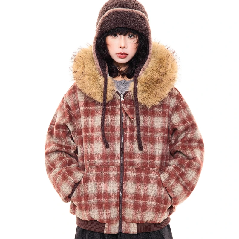 American Retro Fur Collar Hooded Red Plaid Women's Coats 2025 Winter New Sweet Cool Couple Thickened Warm Cotton Jackets Ladies