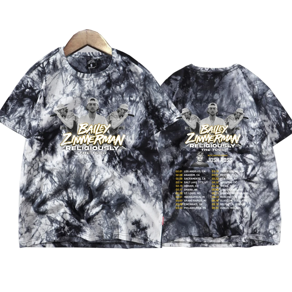 Bailey Zimmerman Religiously World Tour 2024 Tie Dye Shirts Unisex Round Neck Short Sleeve T-shirt