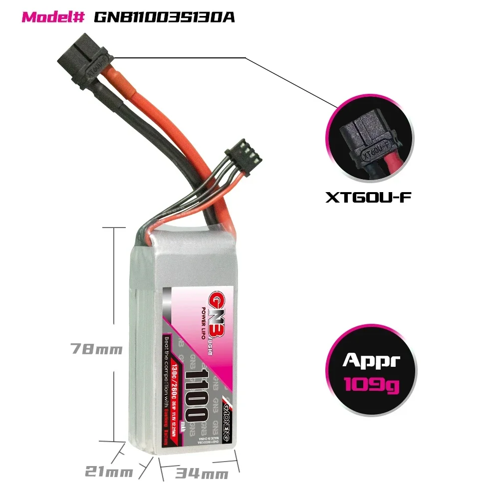 GAONENG GNB 1100/1350/1550mAh 3S 130C 260C 11.1V XT60 bateria LiPo dla Cine Whoop Cinelog Cinewhoop RC zabawka mały helikopterowy samolot