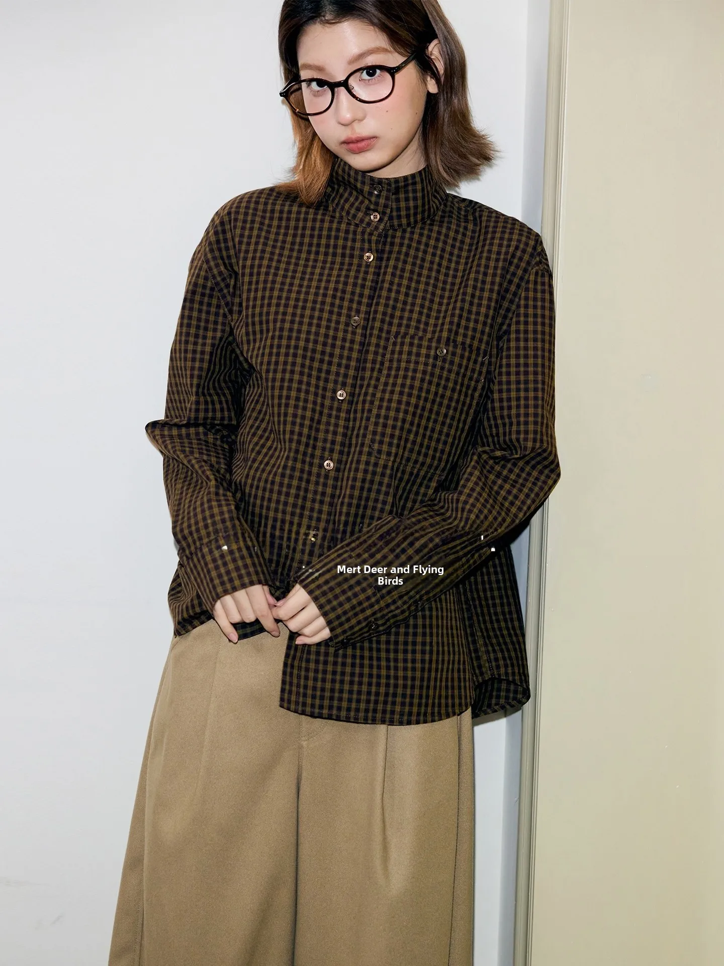 

Pure Cotton Plaid Shirt Loose Fit Stand Collar Layering Two Colors Retro Grids Women's Fashion Soft Long Sleeve Open Cardigan