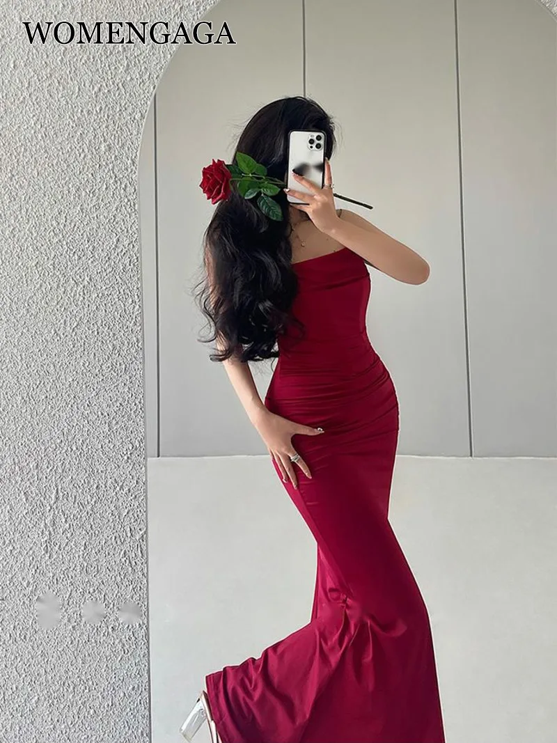 WOMENGAGA Wine Red Sexy Slim Fishbone Slim Fold Wrap Hip Fishtail Strap Dress Elegant Long Party Dress Women's Clothing UFT6