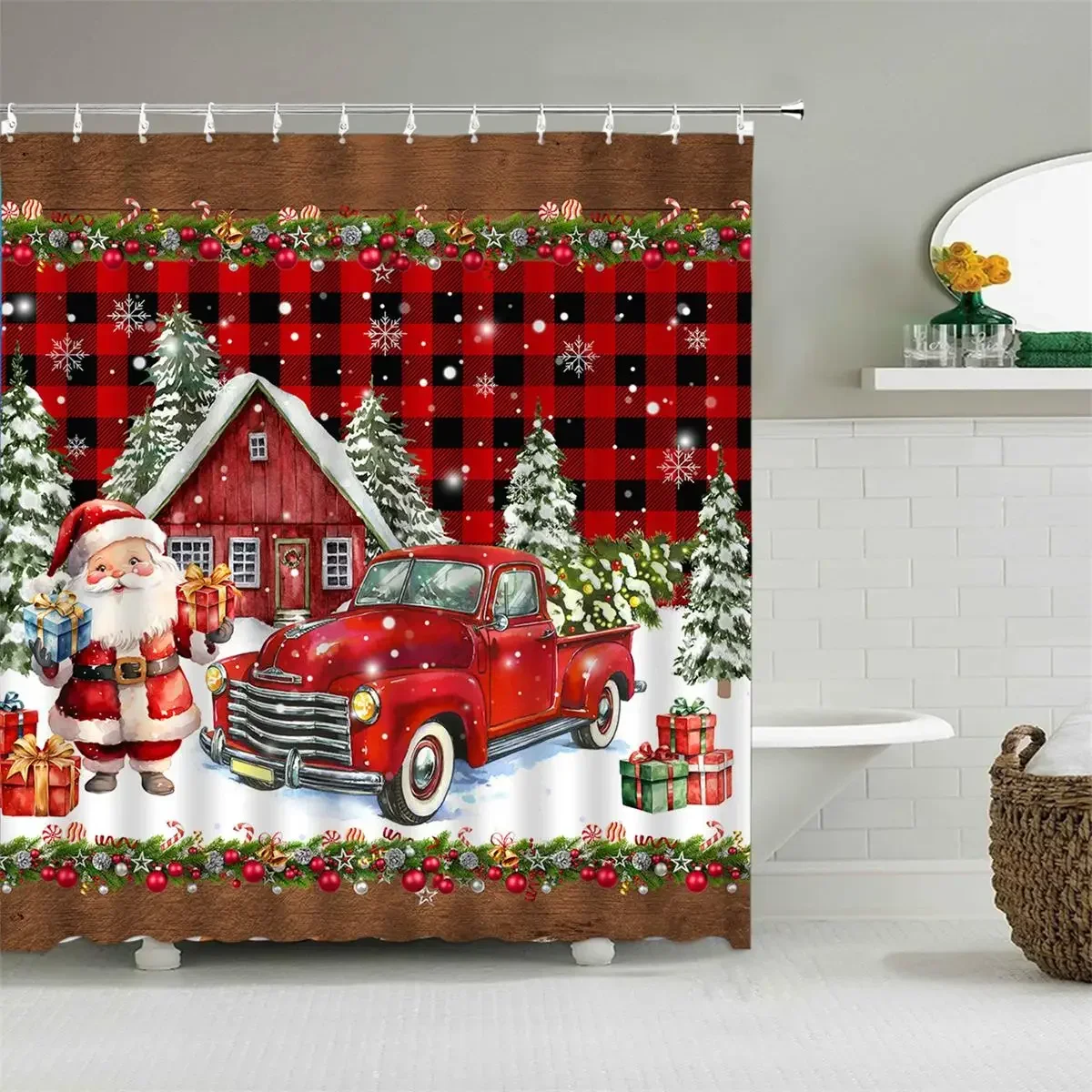 Christmas Shower Curtain, Winter Holiday Santa Gnomes Red Truck Plaid Farm Christmas Tree Planks Snowflake Bathroom Decorations