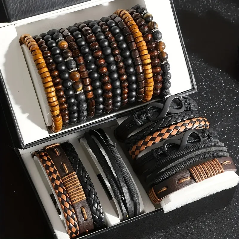 12‑piece Stackable Individual‑styled Men Beaded Leather Bracelet Set Distinct Masculine Wrist‑ornament Mixed‑textured Hand