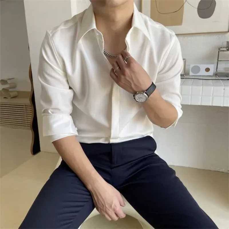 Men's White Textured 3/4 Sleeve Shirt Slim Fit Lapel Casual Business Button Down Blouse