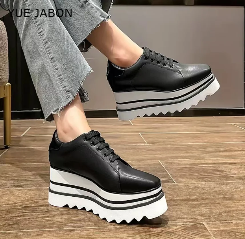 Black Thick Sole woman Sneakers 2024 Spring Platform Casual Shoes Women Lace-up Cow Leather Shoes Outdoor comfort designer shoes