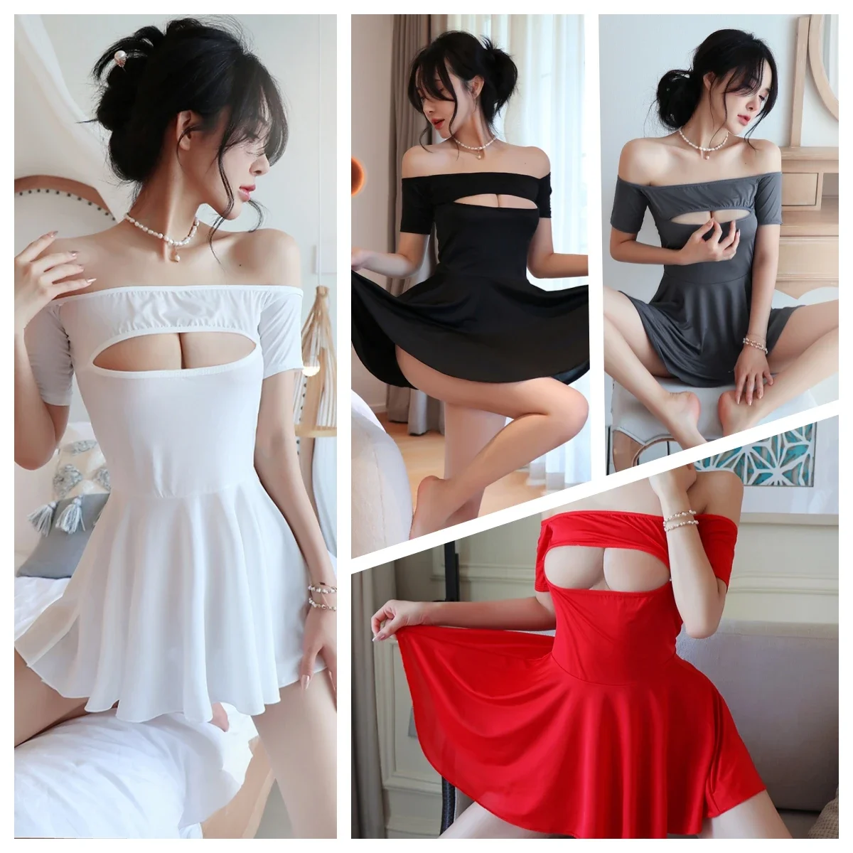 4 Colors Sexy Lingerie Bra Hollow Out Dress Middle Sleeve Exotic Dresses Backless Pajamas Nightdress Night Club Wear Women Girls