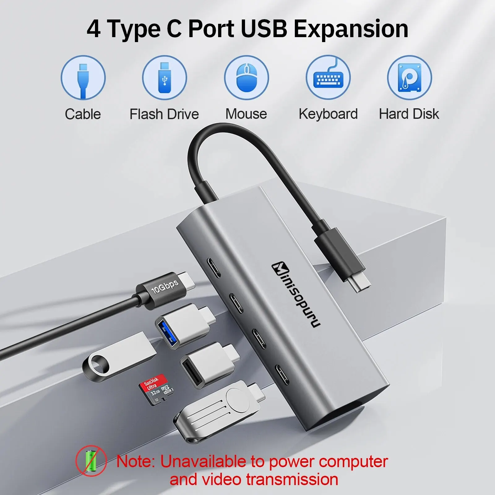 Minisopuru USB C Hub 4 Port 10Gbps Type C to USB C 3.2 Gen 2 Expansion Dock Adapter for Laptops MacBook Pro Air USB 3.2 Hub