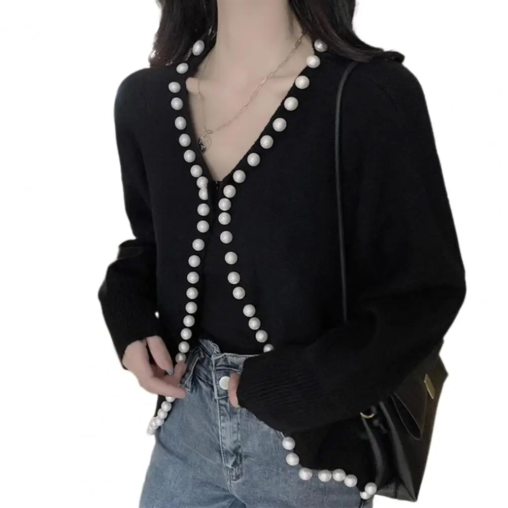 Women Knit Cardigan Elegant Faux Pearls Trim Knitted Cardigan Coat Stylish Open Front Sweater Outerwear Chic Crew Collar Long