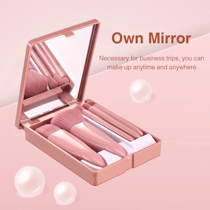 Portable 5PCS Makeup Brushes Set With Mirror Mini Multi-function Foundation Brush Eyeshadow Powder Brush Foldable Cosmetic Tools