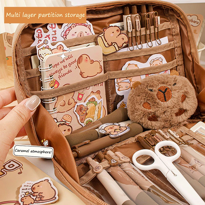 Imagem -06 - Grande Capacidade Capivara Kawaii Multi Layered Separado Papelaria Bolsa Lápis Case Bolsa Cosmético Escola e Material de Escritório