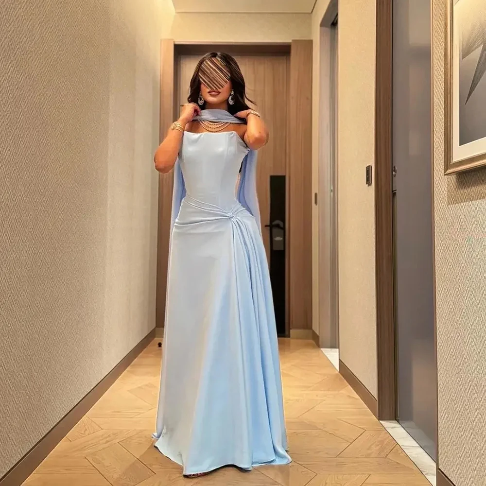 Customized Yipeisha Elegant Jersey Strapless Evening Dresses Sky Blue With Women Cape Watteau Train A-line Floor Length Party Pr