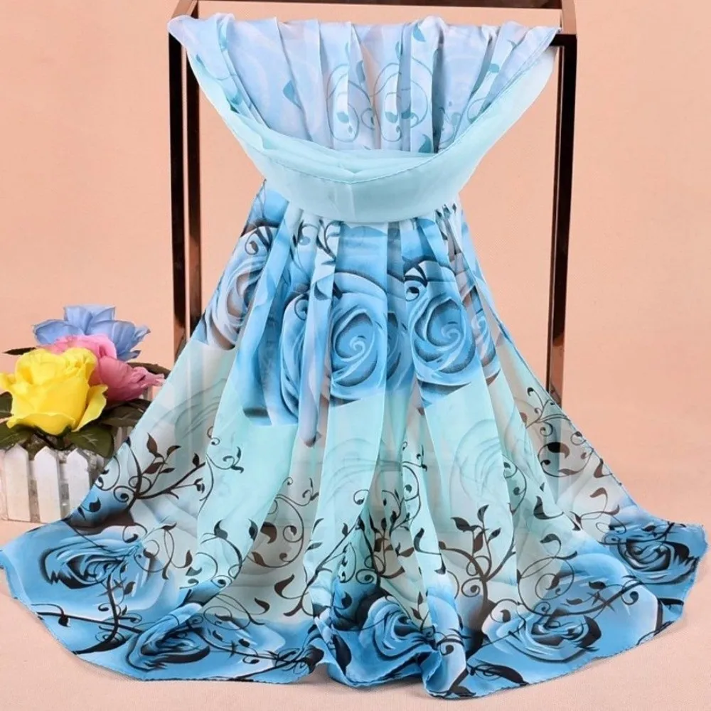Fashion 160*50cm Chiffon Scarf Floral Sunscreen Silk Shawl Washable Gradient Beach Gauze Scarf for Women