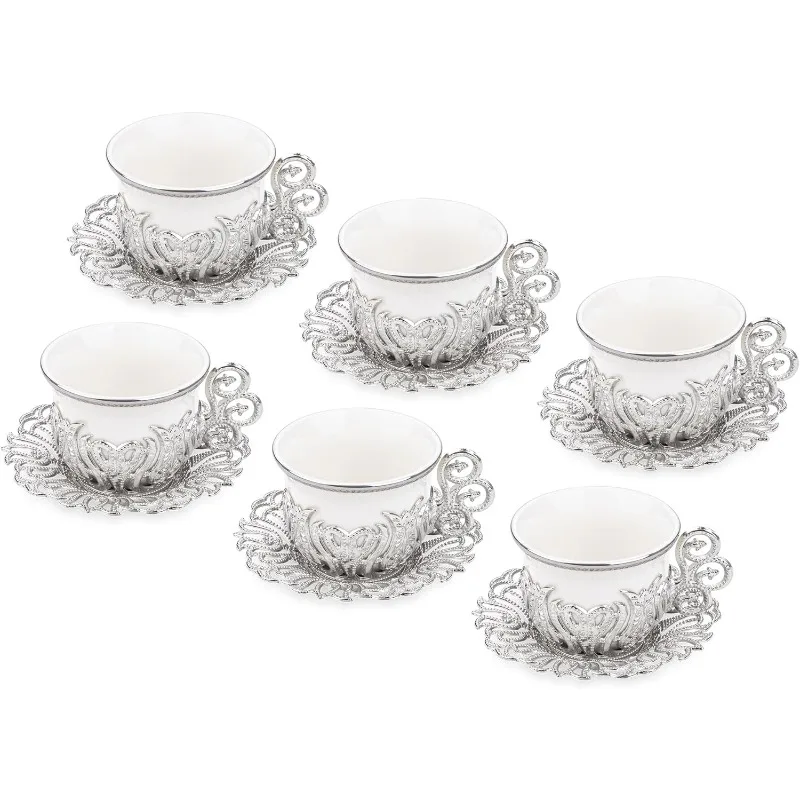 Turkish Coffee Cup Set, White Porcelain and Zinc Metal with Turkish Motifs, 6 Cups and Saucers