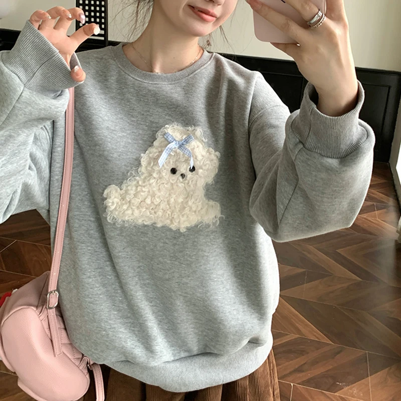 Fleece Hoodie Women Autumn Winter Embroidered Pullovers Female O-Neck Long Sleeve Thick Warm Tops Jumper Sweatshirts Light Grey