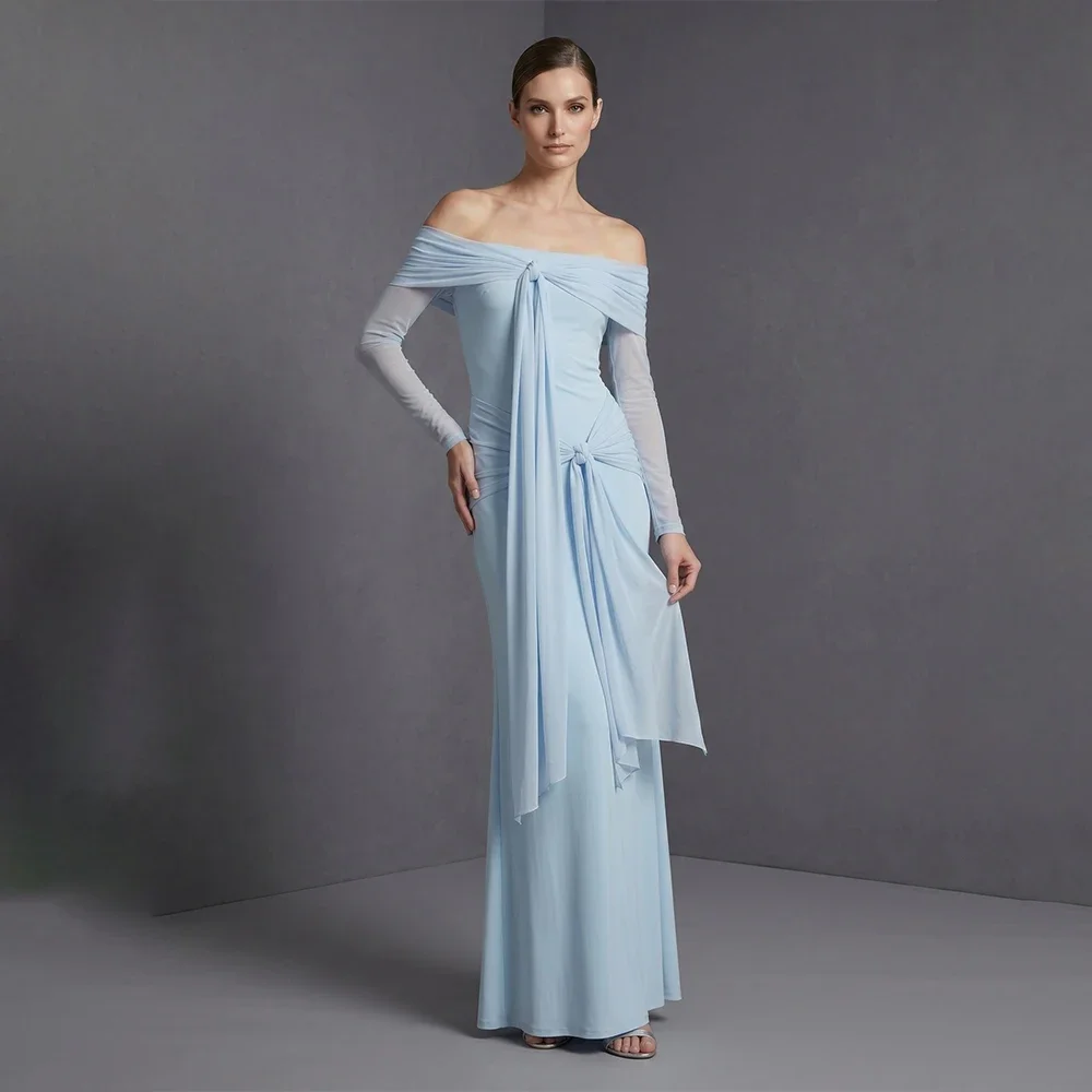 Elegant Light Blue Off The Shoulder Ruched Gown Sexy Mesh Long Sleeve Knot Front Maxi Dress For Wedding Guest Dinner Party
