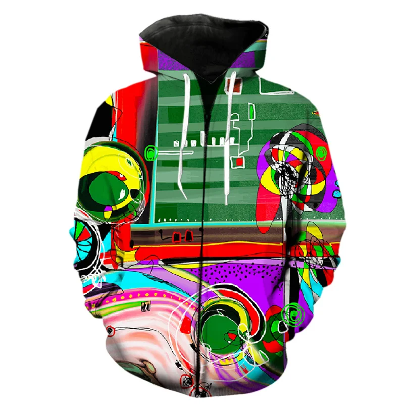 Abstract 3D Printed Art Graffiti Zipper Hoodie For Men Spring Hip Hop Teens Long Sleeve Tops Streetwear Harajuku Sweatshirts