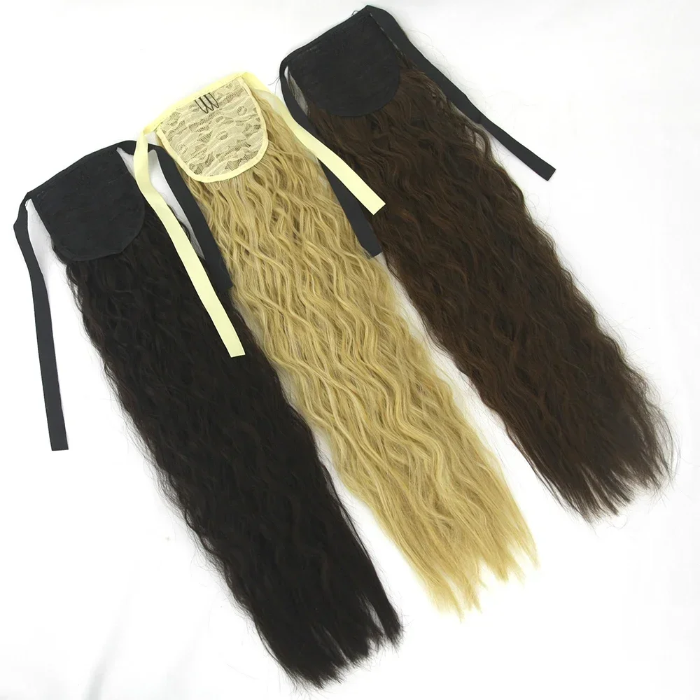 Coletas de pelo largo y rizado para mujer, postizos de cola de caballo con cordón, extensión de cabello sintético con Clip, color negro