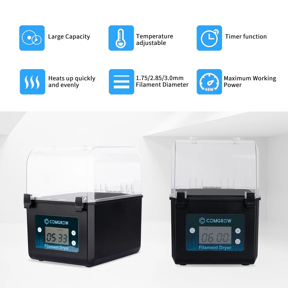 COMGROW 3D Filament 2 ม้วน Spool ผู้ถือเส้นใย Dehydrator กล่องเก็บสําหรับ PLA, ABS, PETG, TPU, ไนลอน 3D ชิ้นส่วนเครื่องพิมพ์