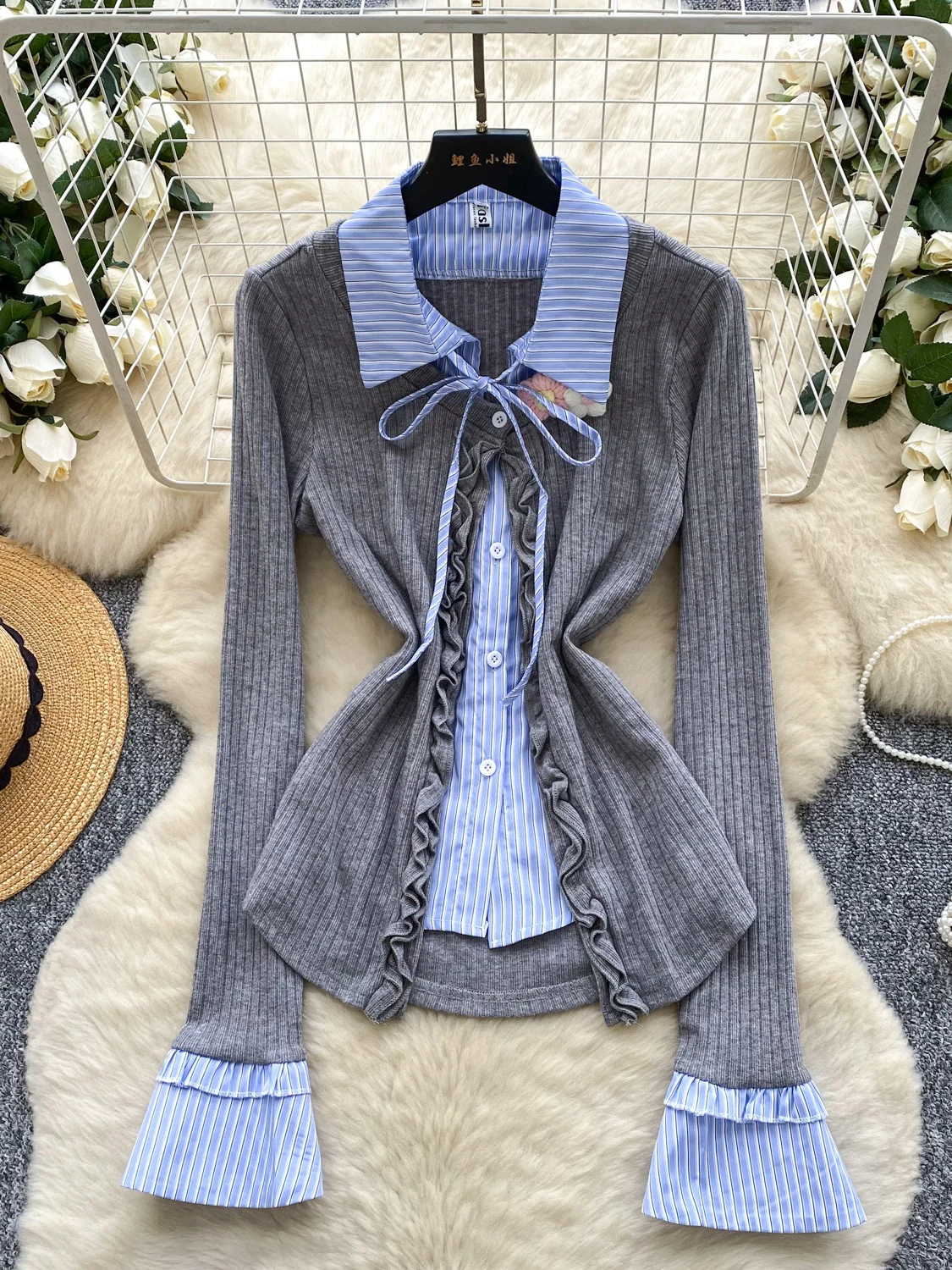 

American College Sle Long Sve irt Women's Base Layer Top Creative Pattern Splicing Knitted Dr Korean Version Slim Fit