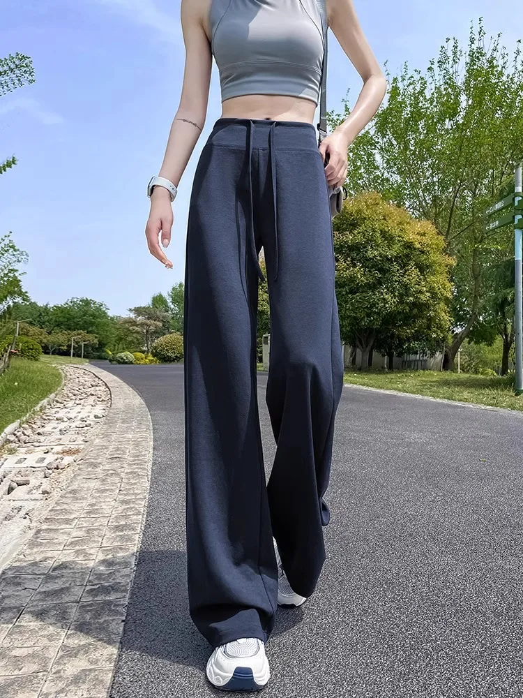 Modne spodnie damskie z wysokim stanem i szerokimi nogawkami, letnie, cienkie, z jedwabiu lodowego, luźne spodnie do jogi, szybkoschnące, chroniące przed słońcem, o prostym kroju.
