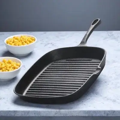 

1 pc Cast Iron Steak Frying Pan 12 Inch Uncoated Non-Stick Black Flat Bottom For Even Heat Outdoor Camping Hiking Square