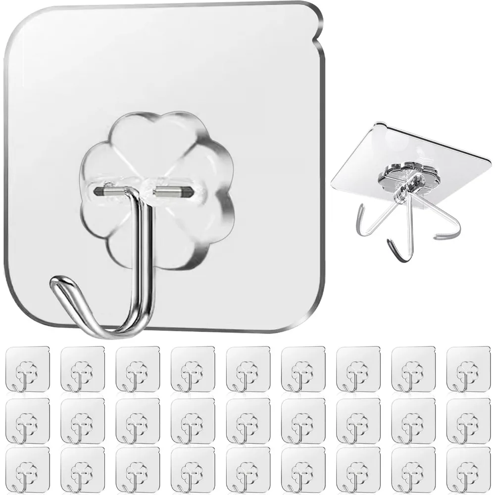 

28 Pack Heavy Duty Clear Adhesive Hooks for Wall Kitchen Bathroom Ceiling
