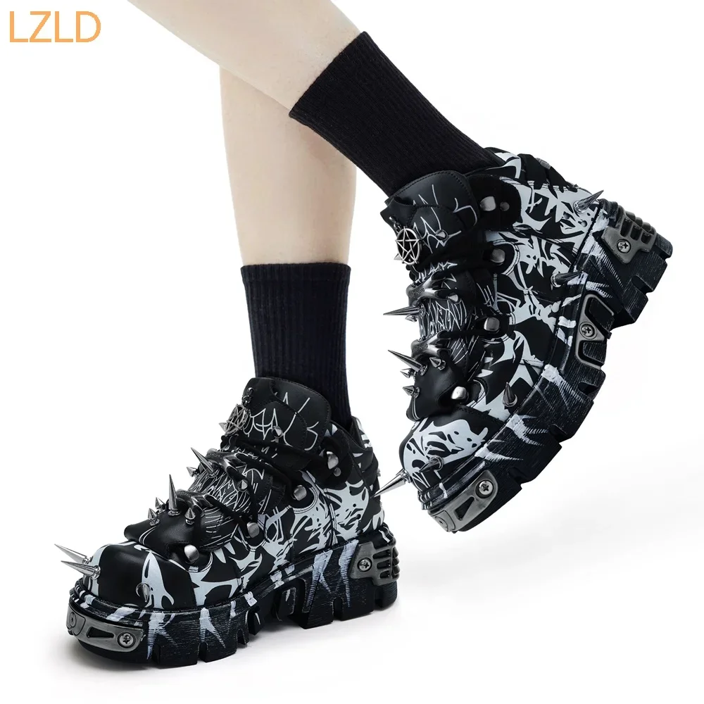 Punk Rock Metal Rivet Motorcycle Boots 2025 New Fashion Platform Round Sports Casual Ankle Boots Mixed Color Print Short Boots