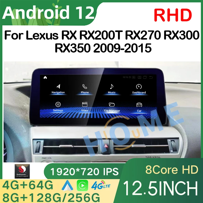 

Wireless CarPlay 12.5 Inch Qualcomm Android 12 For Lexus RX RX270 RX350 RX450H 2009 - 2015Multimedia Video Player Auto SWC RHD