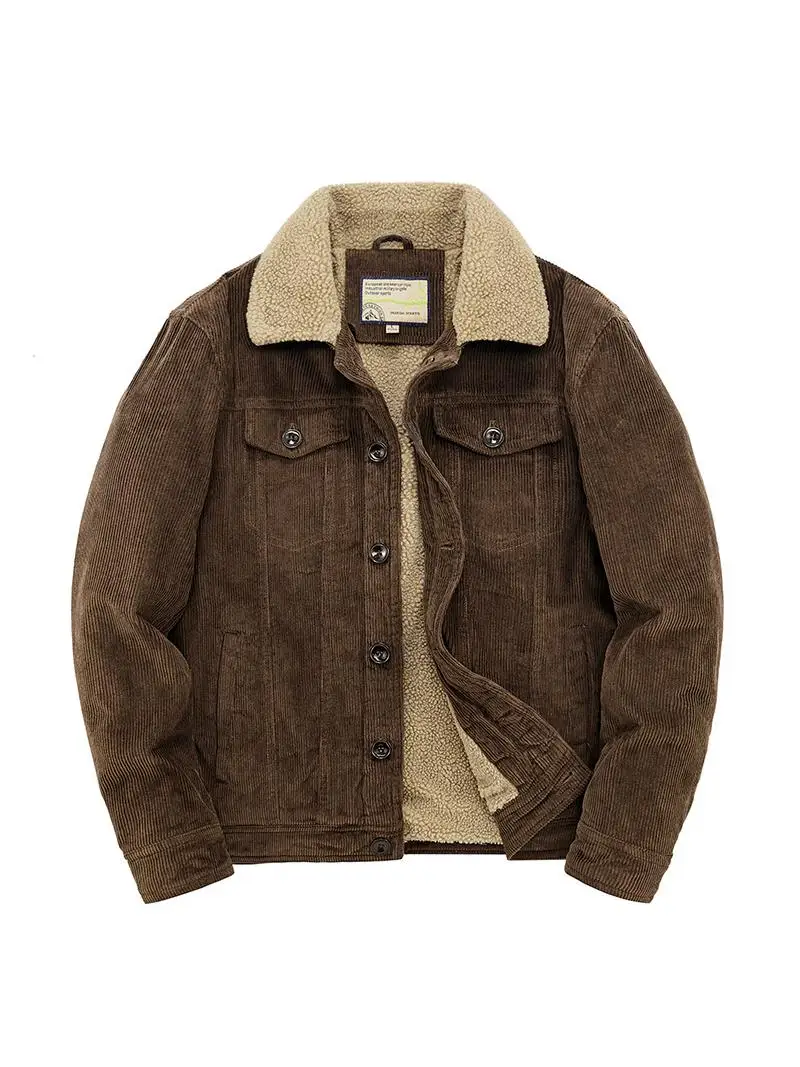 

Winter Thickened Cotton Jacket Men's Flap Collar Corduroy Short Coat Large Size Fleece Lined Casual Style Zipper Closure