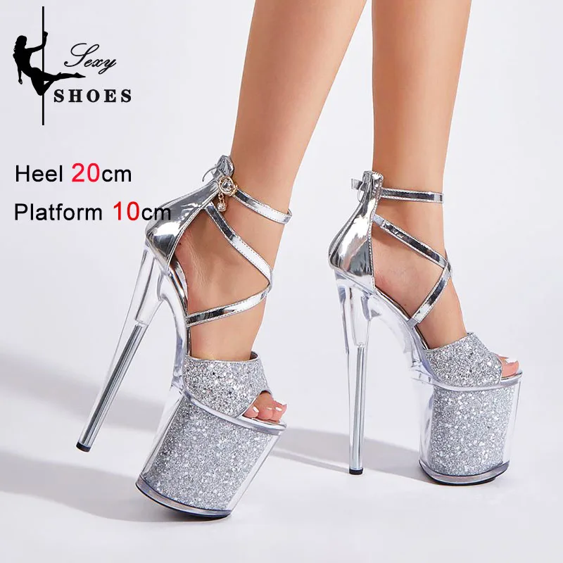 20CM Stiletto Sequined Sandals Ladies Transparent Crystal Shoes 8 Inch T-Show Model Shoe Club Fashion Women Platform High Heels