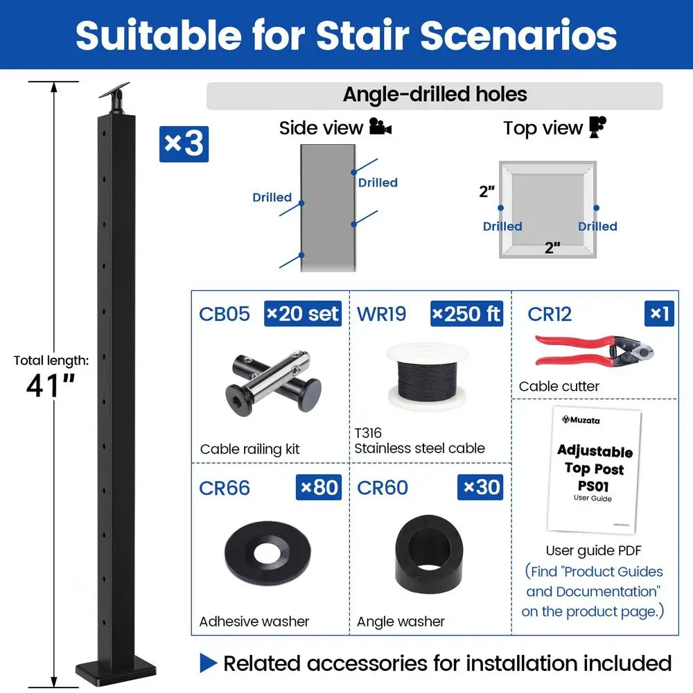 Set completo Kit per ringhiera per cavi scale da 42 pollici Design senza giunture da 10-15 piedi Facile installazione Acciaio inossidabile premium Finitura nera Muzata