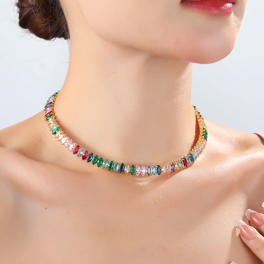Bridal Fashion Rainbow Crystal Rhinestone Choker Necklace Women Wedding Accessories Tennis Chain Chokers Jewelry Collier Femme