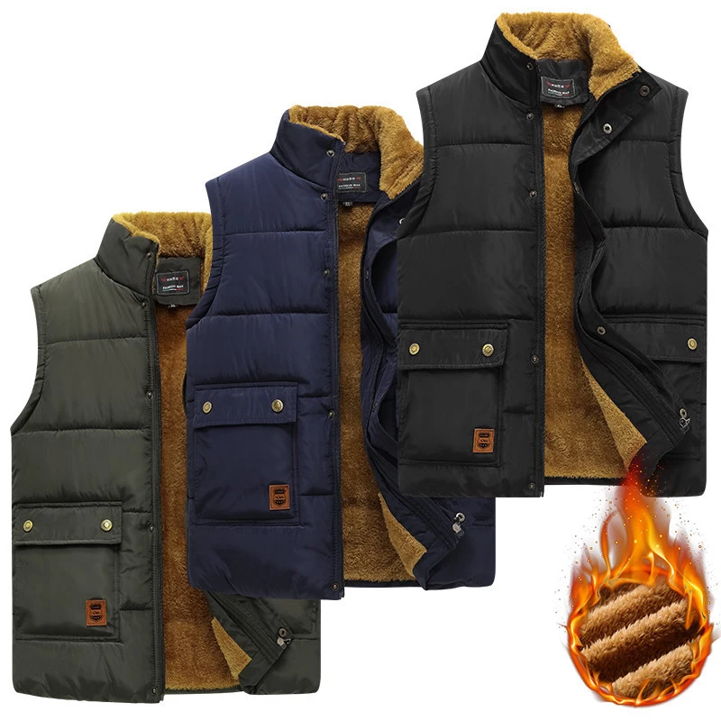 

Autum Winter Men's Padded Vests Casual Men Stand Collar Fleece Warm Waistcoats Men Cotton Thicken Windbreaker Sleeveless Jackets