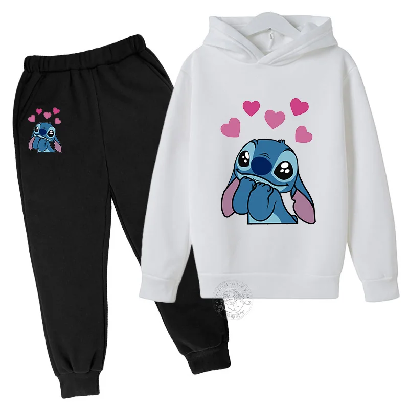 Disney Stitch Kawaii children\'s suit street fashion boys and girls suit sports pullover + sweatpants two-piece sports suit