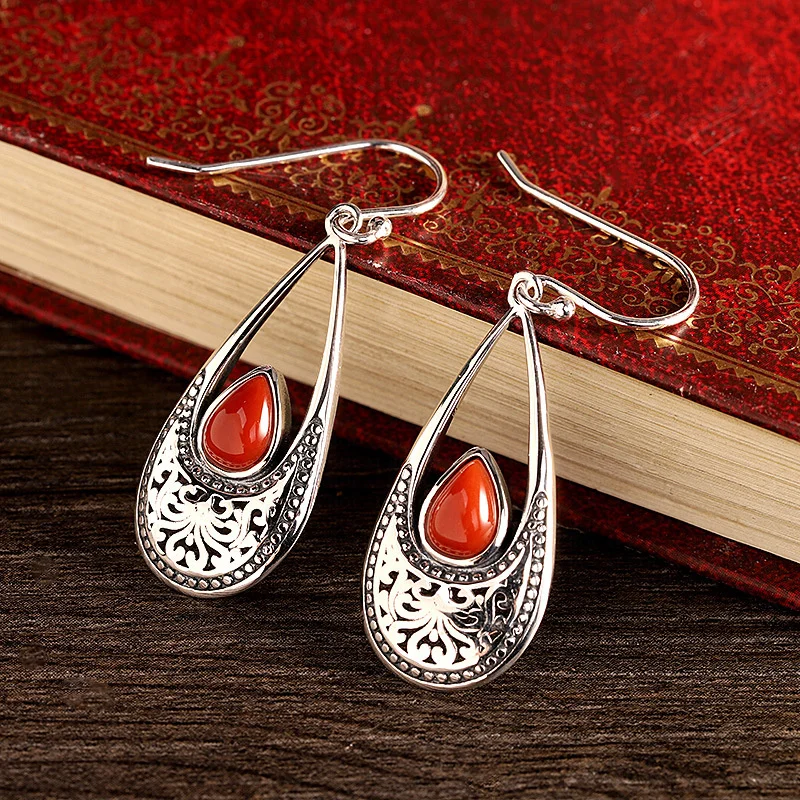 S925 Sterling Silver Charms Drop Earrings for Women Retro Eternal Rattan Red Agate Waterdrop Ear Drops Fashion Jewelry Wholesale