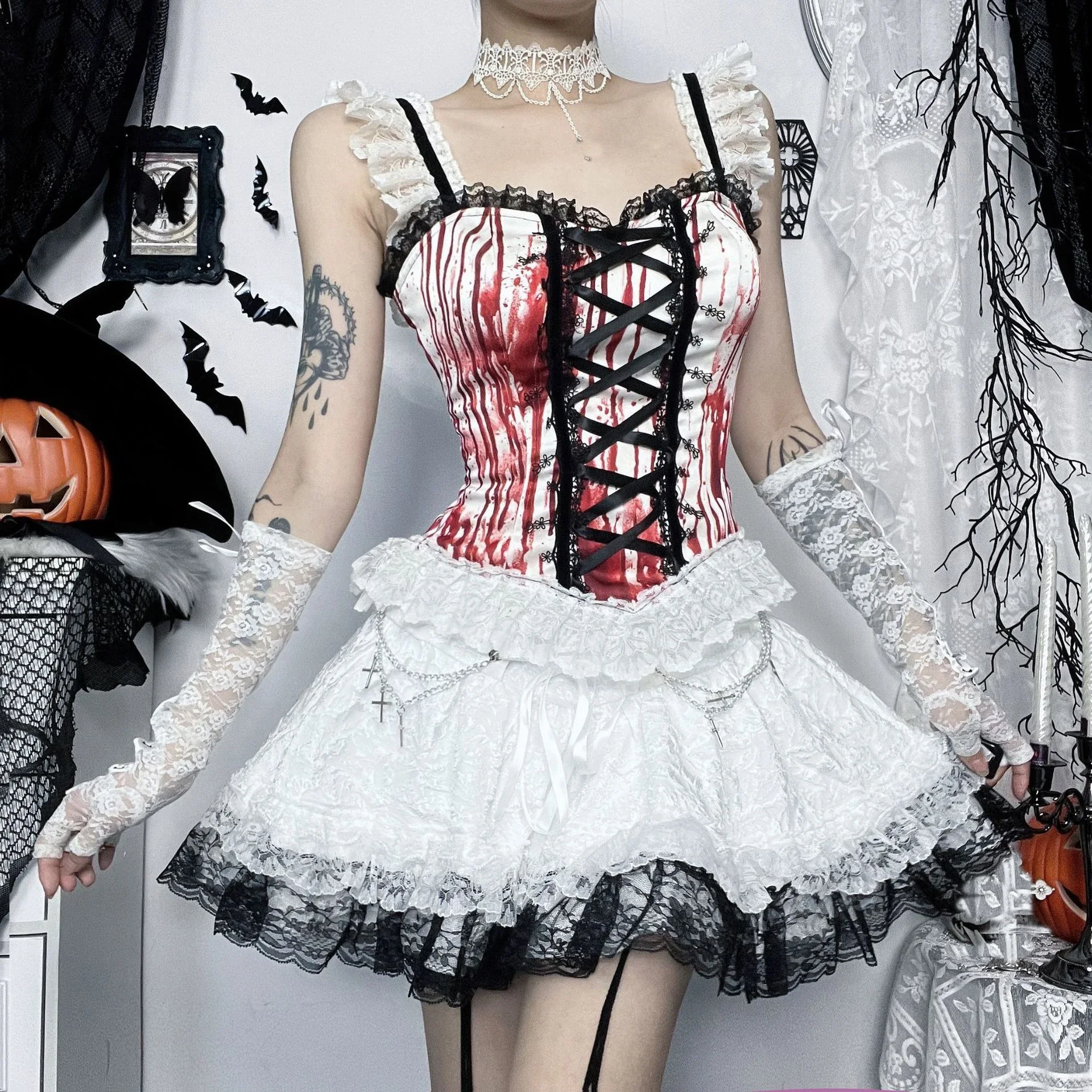 

Cosplay Goth Aesthetic 2 Piece Sets Y2K Halloween Gothic Mini Skirt 90s Party Suits Club Harajuku Women White High Waist Outfits